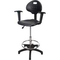 Tabouret ergonomique robuste avec accoudoirs r&eacute;glables, Stationnaire, Ajustable, 39" - 48", Polyur&eacute;thane Si&egrave;ge, Noir Action Paper