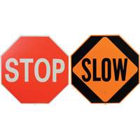 Double-Sided "Stop/Slow" Traffic Control Sign, 18" x 18", Plastic, English with Pictogram Action Paper