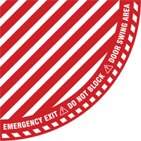 "Emergency Exit" Quarter Circle Swing Door Floor Sign, Adhesive, English with Pictogram Action Paper