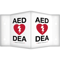 Enseigne &agrave; projection sur 90°  AED/ DEA , 6" x 5", Plastique, Bilingue avec pictogramme Action Paper