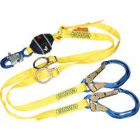 Twin-Leg Tie-Back Web Shock-Absorbing Lanyard, 6', Rebar Hook Center, Snap Hook Leg Ends, Polyester Action Paper
