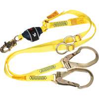 Twin-Leg Tie-Back Web Shock-Absorbing Lanyard, 6', Rebar Hook Center, Snap Hook Leg Ends, Polyester Action Paper