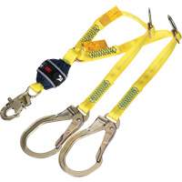 Twin-Leg Tie-Back Web Shock-Absorbing Lanyard, 4', Rebar Hook Center, Snap Hook Leg Ends, Polyester Action Paper