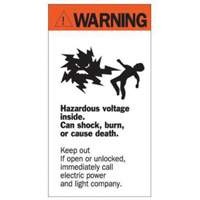 "Warning Hazardous Voltage" Sign, 8" x 4-1/2", Acrylic, English with Pictogram Action Paper