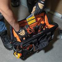 Tradesman Pro Wide-Open Tool Bag, Ballistic Nylon, 42 Pockets, Black Action Paper