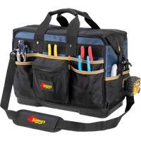 Molded Base Contractor's Closed-Top Tool Bag, Ballistic Polyester, 29 Pockets, Black/Blue Action Paper
