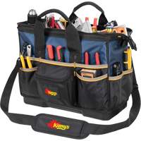 Molded Base Big-Mouth Tote Tool Bag, Ballistic Polyester, 23 Pockets, Black/Blue Action Paper