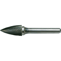 Solid Carbide Burrs - Tree Shape Pointed End, SG-41, 1/8" Dia., 1/8" Shank, 1/4" Depth of Cut Action Paper