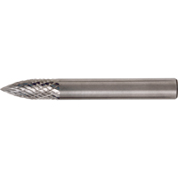 Solid Carbide Burrs - Tree Shape Pointed End, SG-1, 1/4" Dia., 1/4" Shank, 5/8" Depth of Cut Action Paper