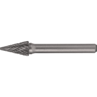 Solid Carbide Burrs - Pointed Cone Shape, SM-42, 1/8" Dia., 1/8" Shank, 7/16" Depth of Cut Action Paper