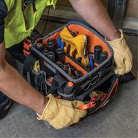 Tradesman Pro Tool Tote, Ballistic Nylon, 40 Pockets, Black/Orange Action Paper