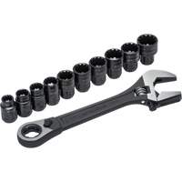 11-Piece Pass-Thru X6 Adjustable Wrench & Spline Socket Set, 13" L, 2-27/50" Max Width, Black Phosphate Action Paper