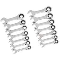 72-Tooth 12 Point Stubby Wrench Set, Ratcheting Combination, 14 Pieces, Imperial and Metric Action Paper
