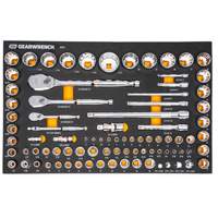 Jeu d'outils SAE/m&eacute;triques pour m&eacute;canicien &agrave; 90 dents 1/4", 3/8" & 1/2" avec plateau de rangement en mousse Action Paper