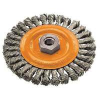 Wide Knotted Wire Wheel Brush, 4" Dia., 0.02" Fill, 5/8"-11 Arbor, Steel Action Paper