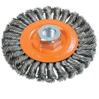 Wide Knotted Wire Wheel Brush, 4-1/2" Dia., 0.02" Fill, 5/8"-11 Arbor, Steel Action Paper