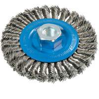 Wide Knotted Wire Wheel Brush, 4-1/2" Dia., 0.02" Fill, 5/8"-11 Arbor, Aluminum/Stainless Steel Action Paper