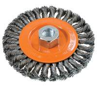 Wide Knotted Wire Wheel Brush, 5" Dia., 0.02" Fill, 5/8"-11 Arbor, Steel Action Paper