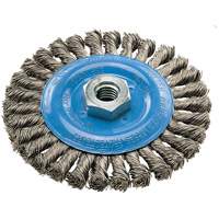 Wide Knotted Wire Wheel Brush, 5" Dia., 0.02" Fill, 5/8"-11 Arbor, Aluminum/Stainless Steel Action Paper
