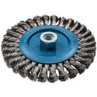 Wide Knotted Wire Wheel Brush, 6" Dia., 0.02" Fill, 5/8"-11 Arbor, Aluminum/Stainless Steel Action Paper