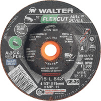 Meule FLEXCUT MILL SCALE, 4-1/2", 36 Grain, Oxyde d'aluminium, 5/8"-11, 13 300 Tr/min, Type 29 Action Paper