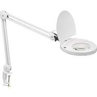 Adjustable Magnifier Lamp, 5 Diopter, LED Light, 47" Arm, C-Clamp, White Action Paper