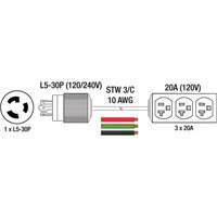 Generator Extension Cord with Tritap, STW, 10 AWG, 3 Outlet(s), 25' Action Paper